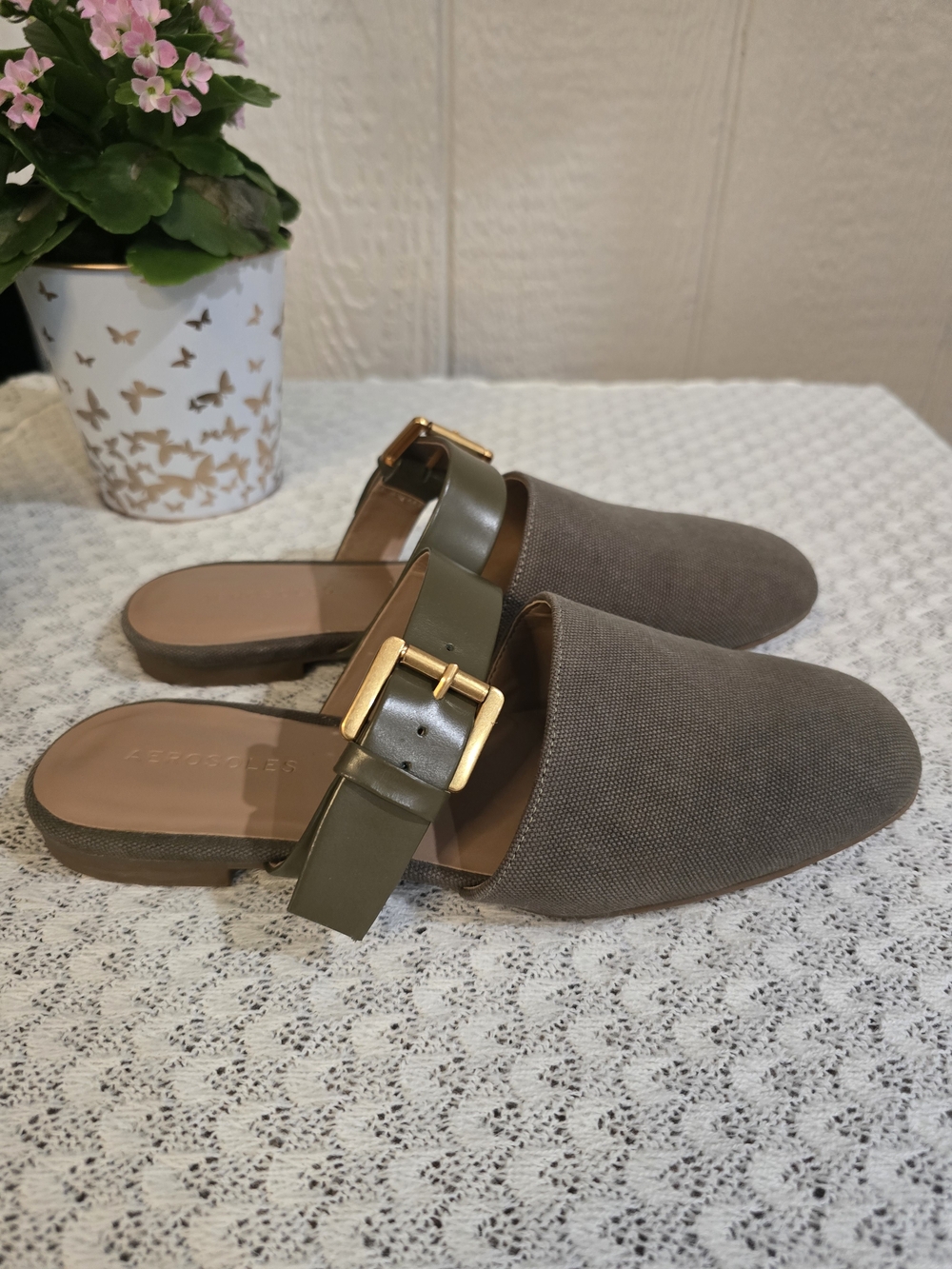 Womens Olive Brown Buckle Mule Flats